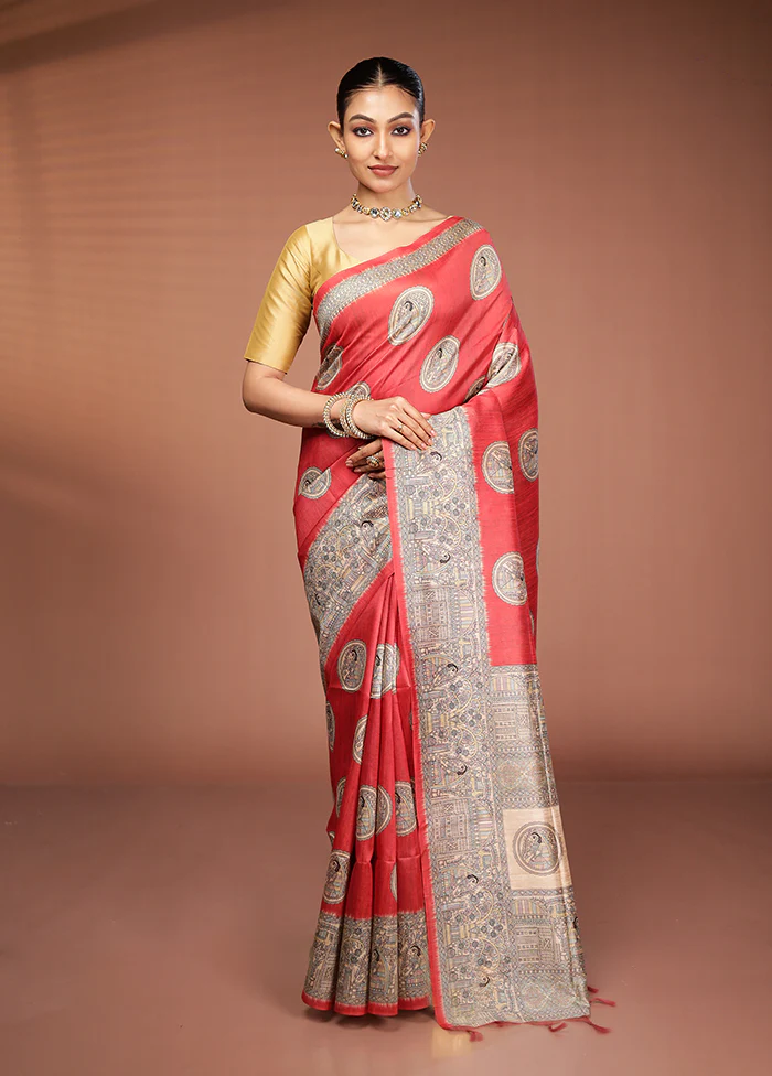 Pink Tussar Silk Saree With Blouse Piece - Image 2
