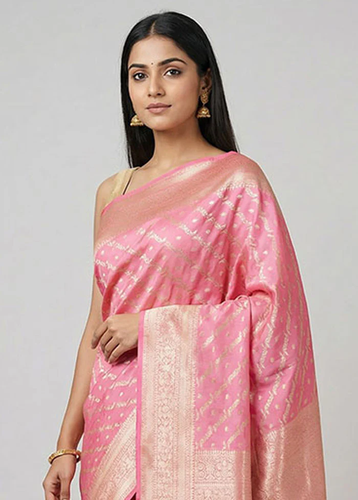 Pink Uppada Silk Saree With Blouse Piece - Image 2