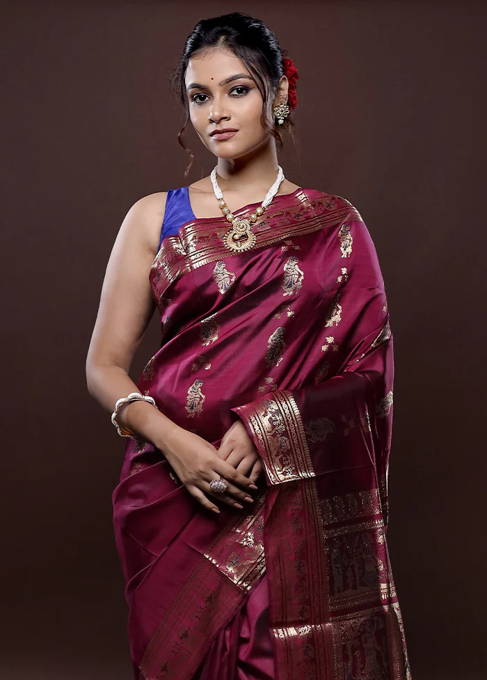 Maroon Baluchari Pure Silk Saree With Blouse Piece