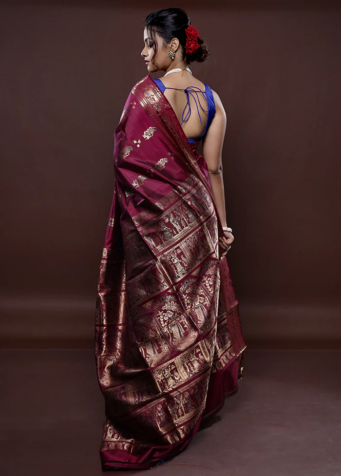 Maroon Baluchari Pure Silk Saree With Blouse Piece - Image 4