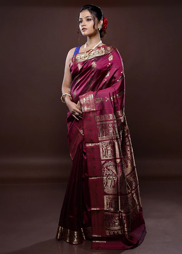 Maroon Baluchari Pure Silk Saree With Blouse Piece - Image 5