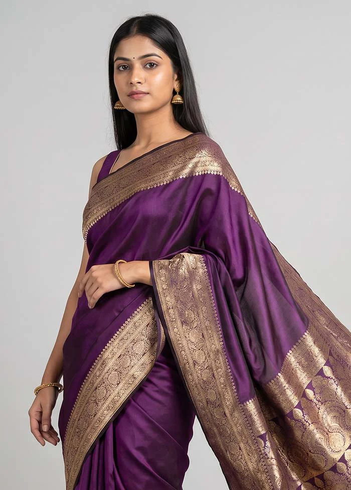 Purple Banarasi Silk Saree With Blouse Piece - Image 2