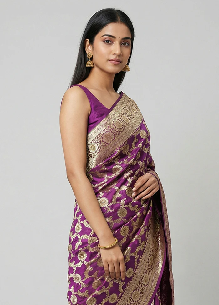Purple Banarasi Silk Saree With Blouse Piece - Image 2