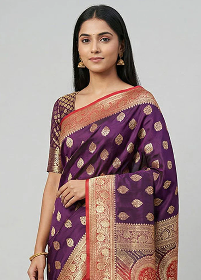 Purple Banarasi Silk Saree With Blouse Piece - Image 2