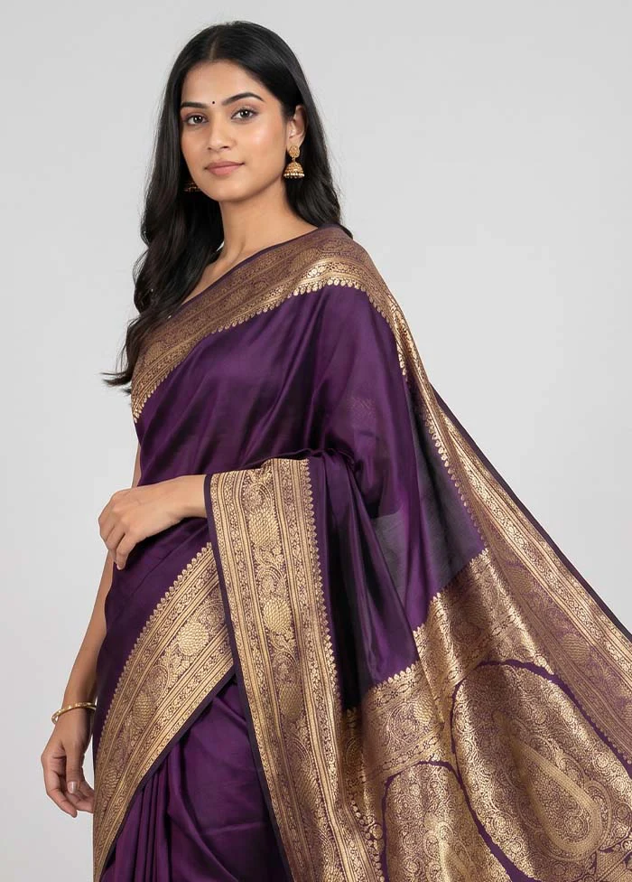 Purple Banarasi Silk Saree With Blouse Piece - Image 2