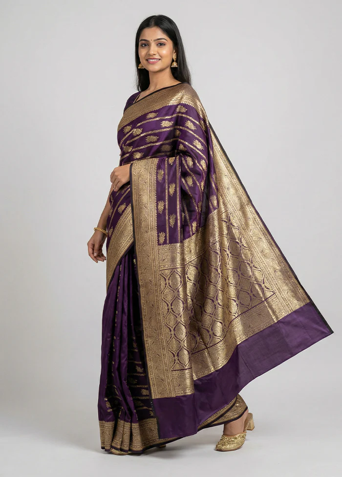 Purple Banarasi Silk Saree With Blouse Piece
