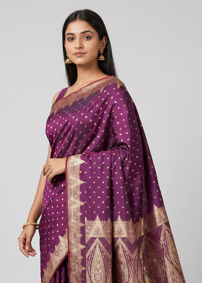 Purple Banarasi Silk Saree With Blouse Piece - Image 2