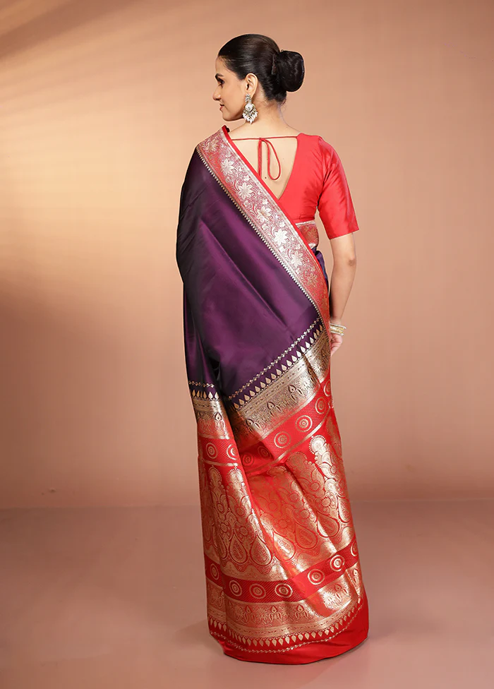 Purple Banarasi Silk Saree With Blouse Piece - Image 3