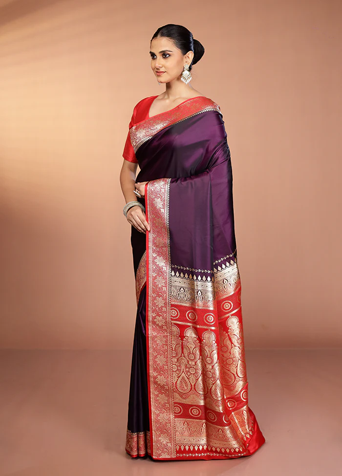Purple Banarasi Silk Saree With Blouse Piece - Image 4