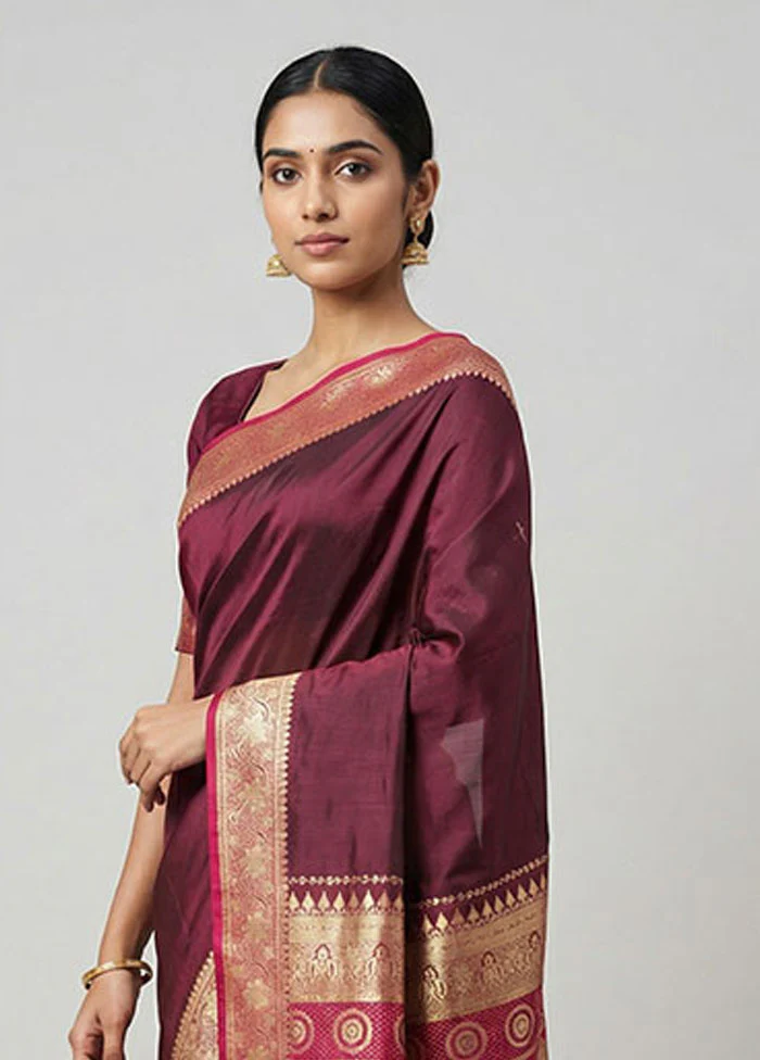 Purple Banarasi Silk Saree With Blouse Piece - Image 2