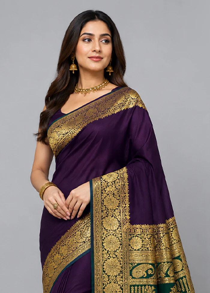 Purple Banarasi Silk Saree With Blouse Piece - Image 2