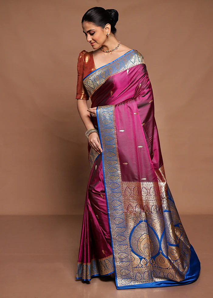 Purple Banarasi Silk Saree With Blouse Piece - Image 4
