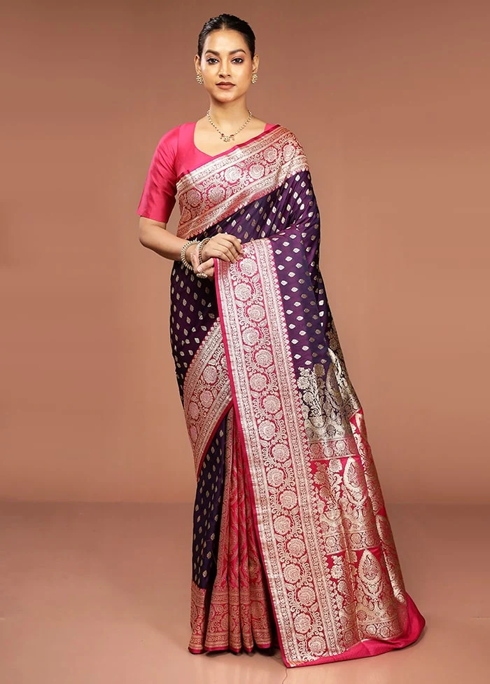 Purple Banarasi Silk Saree With Blouse Piece - Image 2