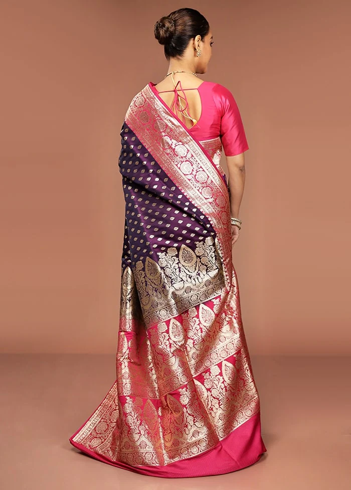 Purple Banarasi Silk Saree With Blouse Piece - Image 3