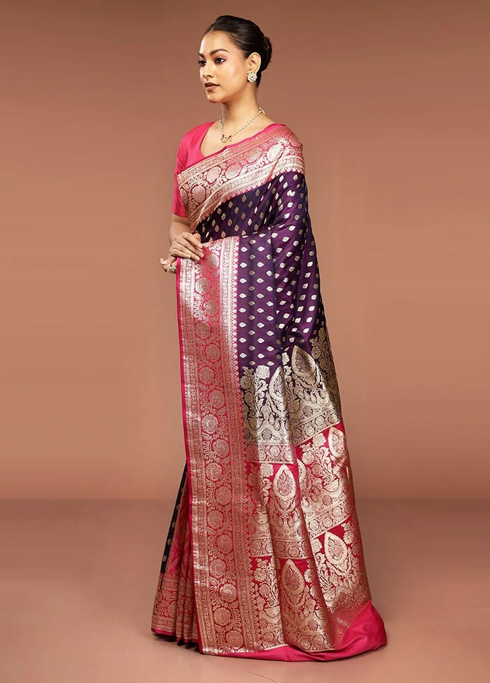 Purple Banarasi Silk Saree With Blouse Piece - Image 4