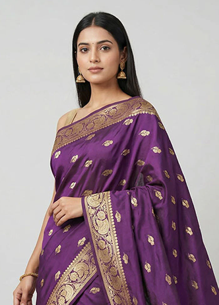 Purple Banarasi Silk Saree With Blouse Piece - Image 2