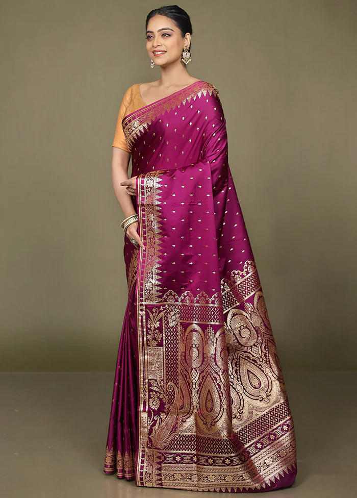 Purple Banarasi Silk Saree With Blouse Piece - Image 4