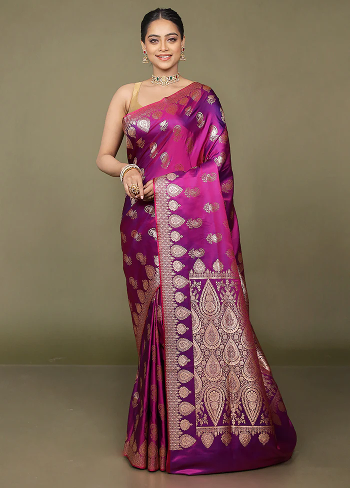 Purple Banarasi Silk Saree With Blouse Piece - Image 2