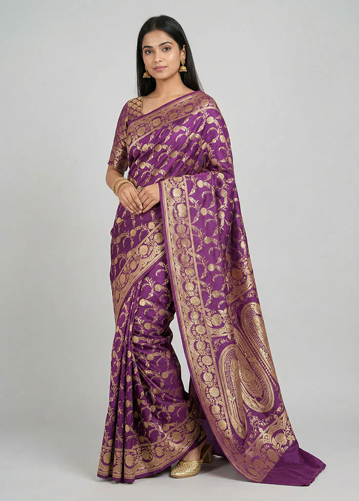 Purple Banarasi Silk Saree With Blouse Piece