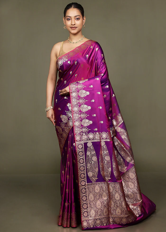 Purple Banarasi Silk Saree With Blouse Piece - Image 2