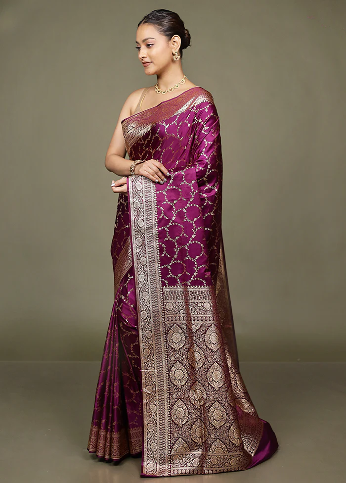 Purple Banarasi Silk Saree With Blouse Piece - Image 4