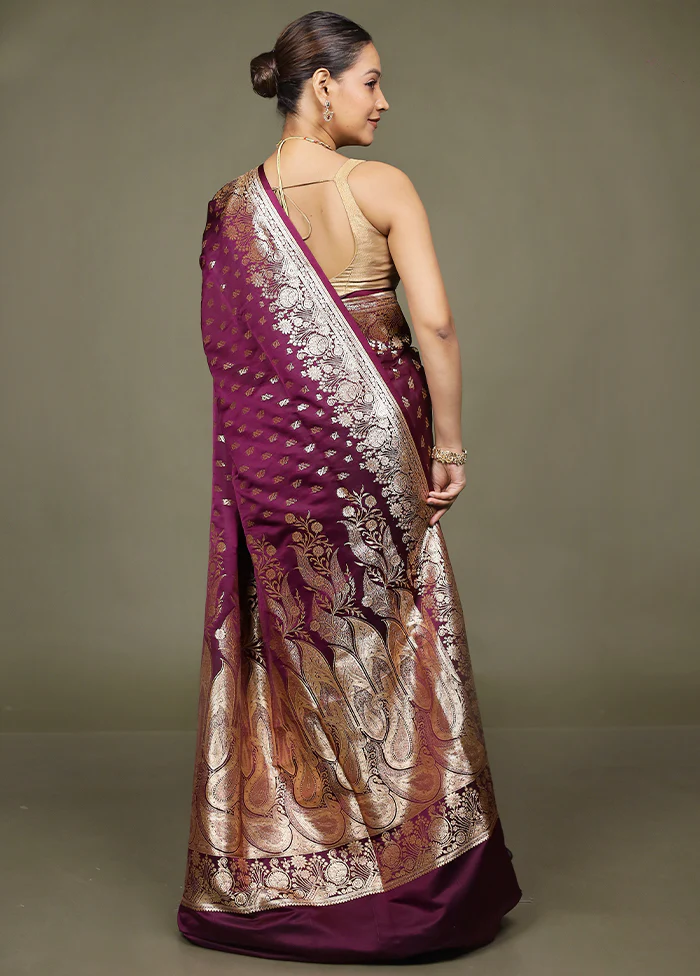 Purple Banarasi Silk Saree With Blouse Piece - Image 3