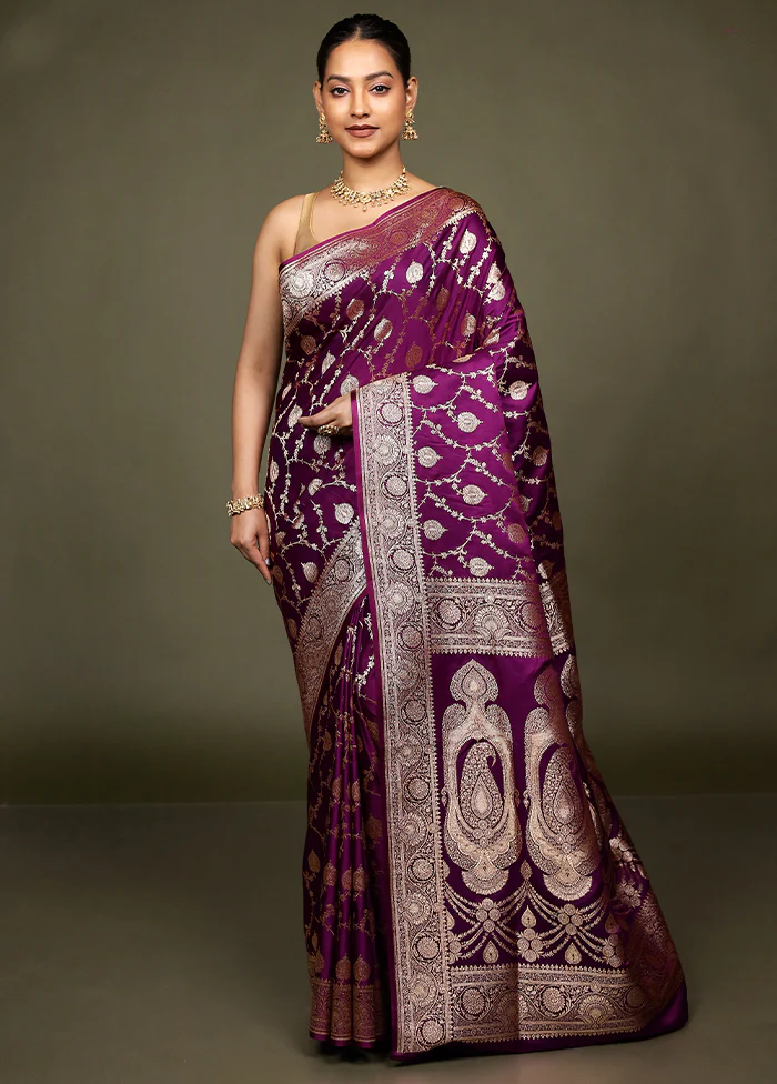 Purple Banarasi Silk Saree With Blouse Piece - Image 2