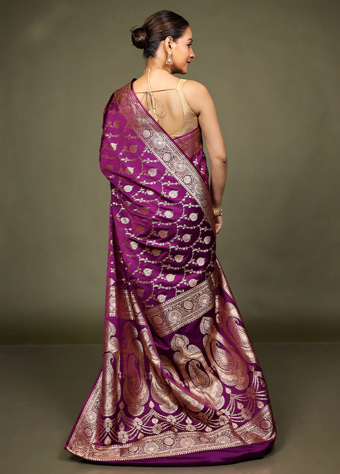 Purple Banarasi Silk Saree With Blouse Piece - Image 3