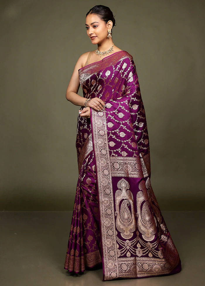 Purple Banarasi Silk Saree With Blouse Piece - Image 4