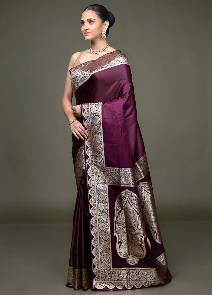Purple Banarasi Silk Saree With Blouse Piece - Image 4