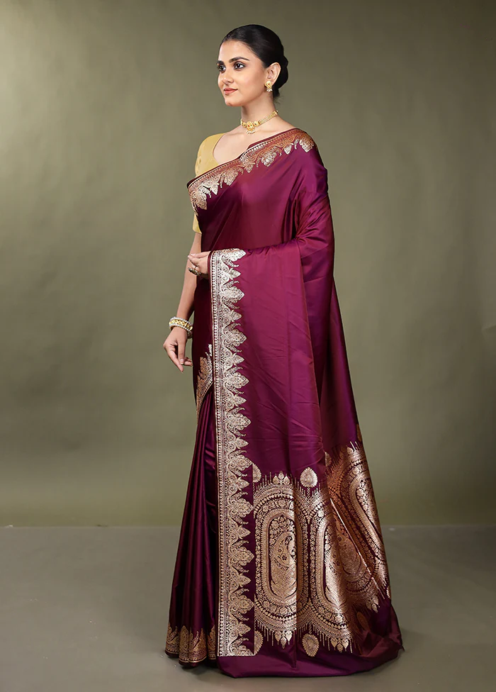 Purple Banarasi Silk Saree With Blouse Piece - Image 4