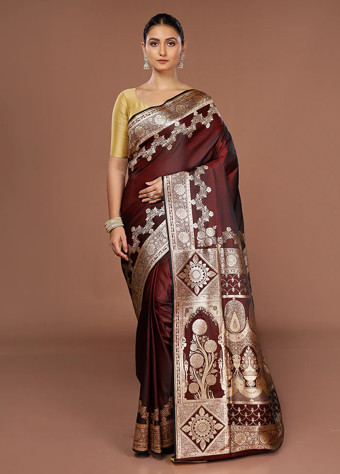 Maroon Banarasi Silk Saree With Blouse Piece - Image 2