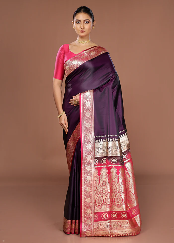 Purple Banarasi Silk Saree With Blouse Piece - Image 2