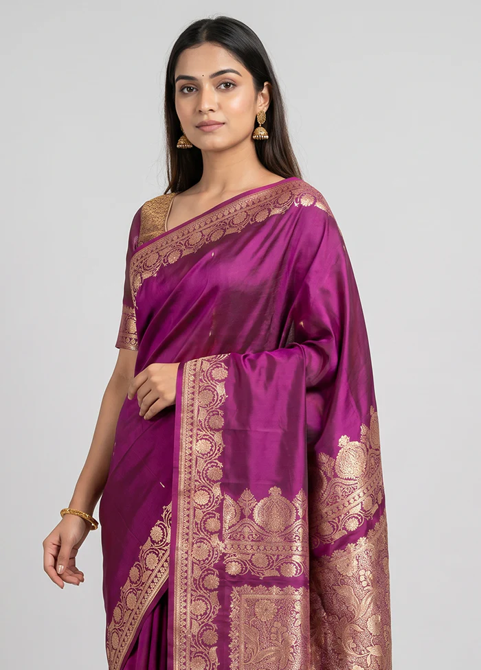 Purple Banarasi Silk Saree With Blouse Piece - Image 2