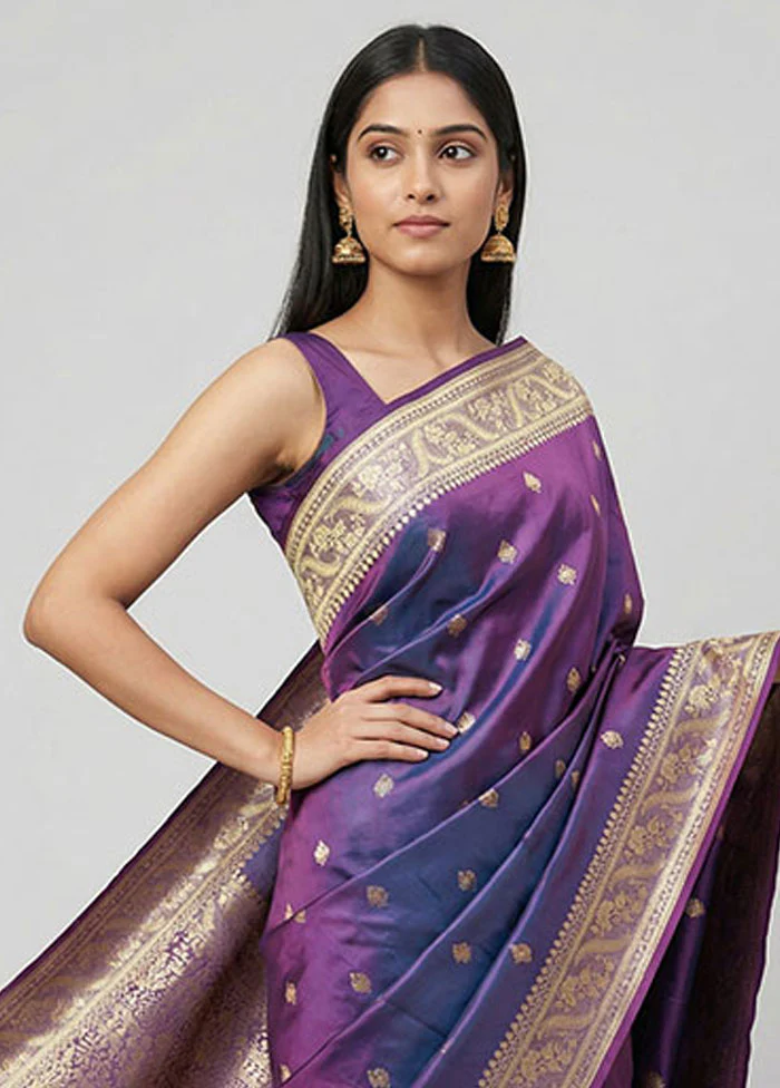 Purple Banarasi Silk Saree With Blouse Piece - Image 2