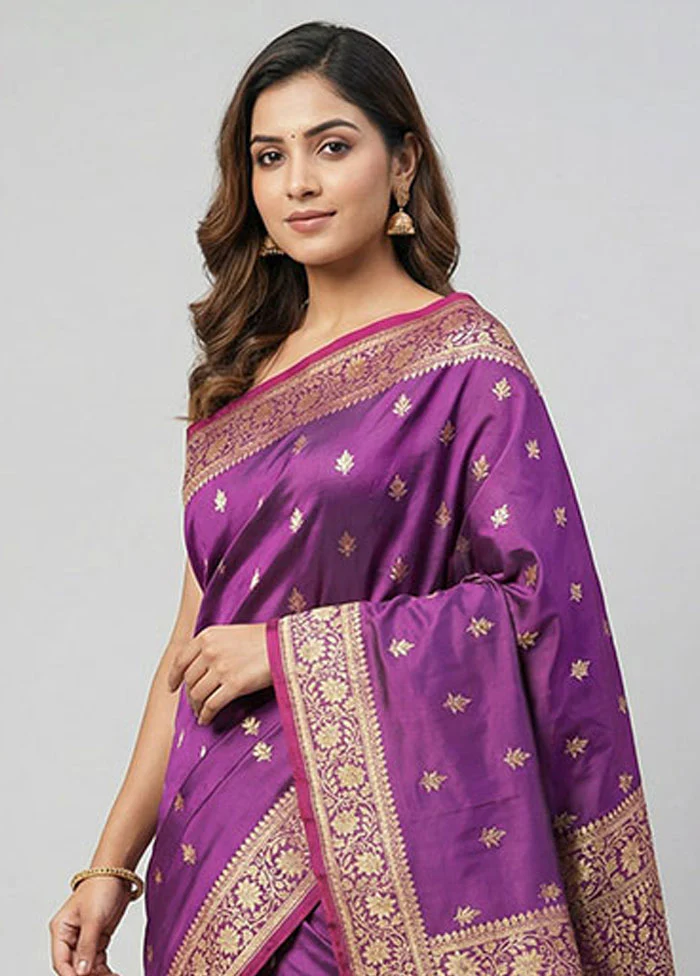Purple Banarasi Silk Saree With Blouse Piece - Image 2