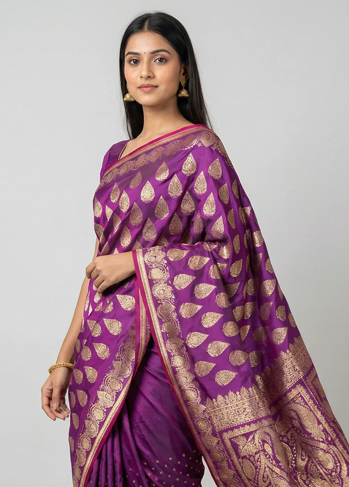 Purple Banarasi Silk Saree With Blouse Piece - Image 2