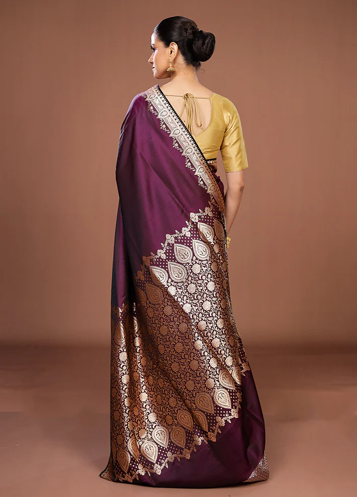 Purple Banarasi Silk Saree With Blouse Piece - Image 3