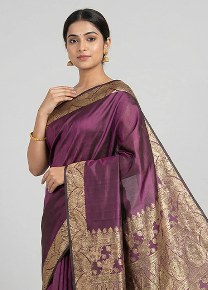 Purple Banarasi Silk Saree With Blouse Piece - Image 2