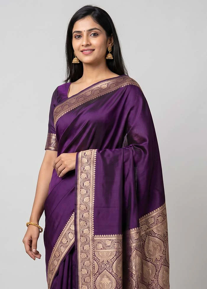 Purple Banarasi Silk Saree With Blouse Piece - Image 2