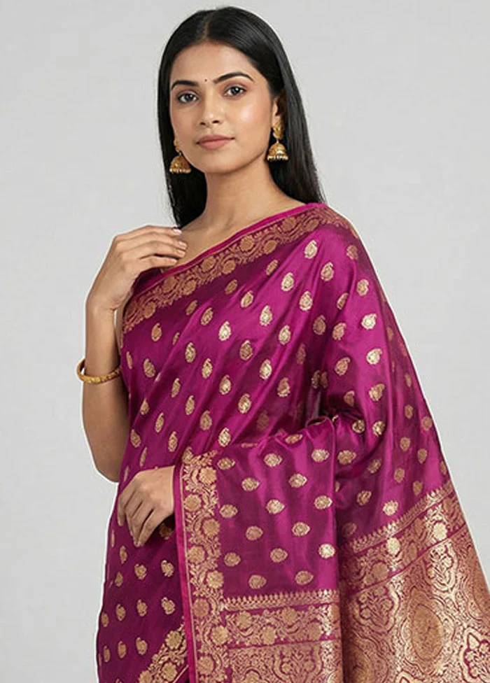 Purple Banarasi Silk Saree With Blouse Piece - Image 2