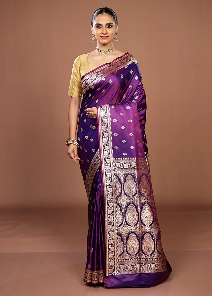 Purple Banarasi Silk Saree With Blouse Piece - Image 2