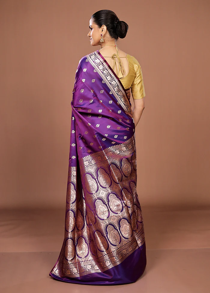 Purple Banarasi Silk Saree With Blouse Piece - Image 3