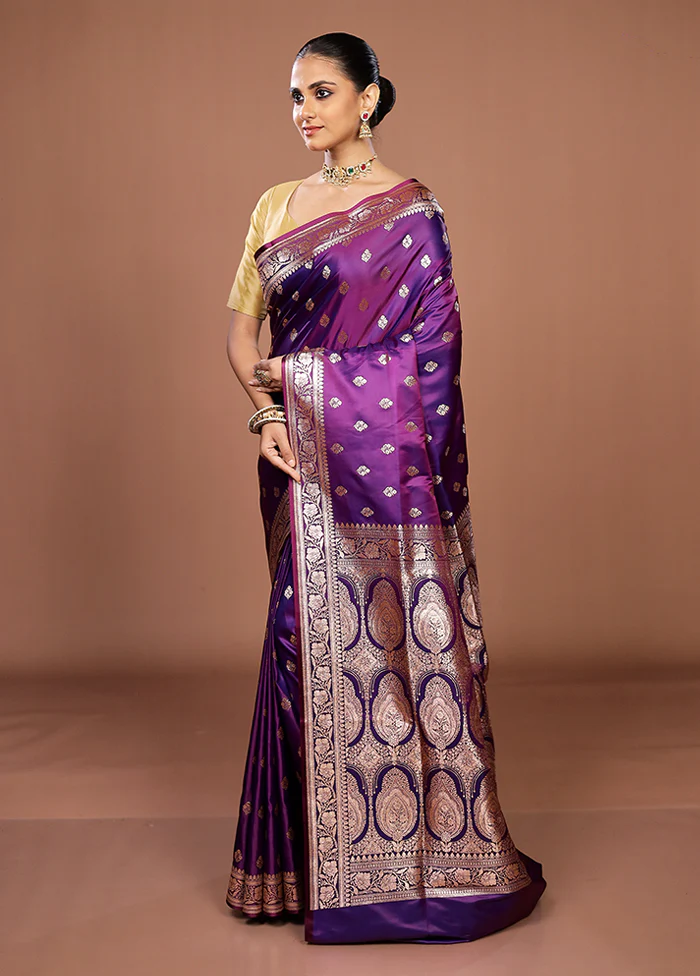 Purple Banarasi Silk Saree With Blouse Piece - Image 4