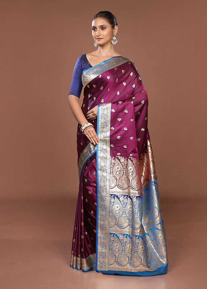Purple Banarasi Silk Saree With Blouse Piece - Image 4