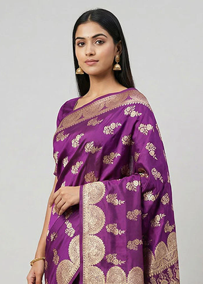 Purple Banarasi Silk Saree With Blouse Piece - Image 2