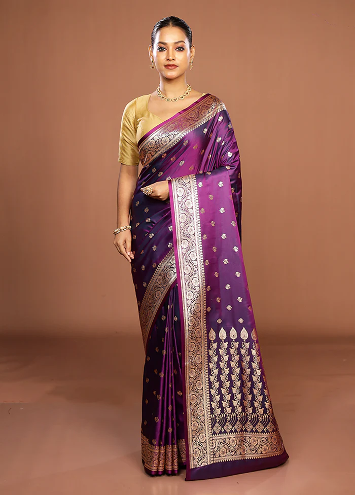 Purple Banarasi Silk Saree With Blouse Piece - Image 2