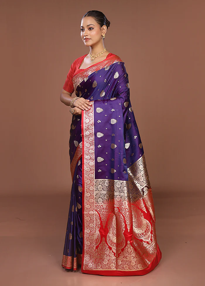 Purple Banarasi Silk Saree With Blouse Piece - Image 4