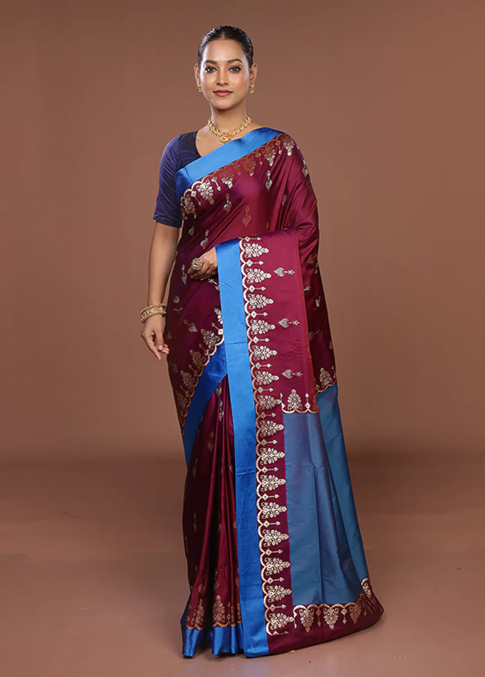 Maroon Banarasi Silk Saree With Blouse Piece - Image 2