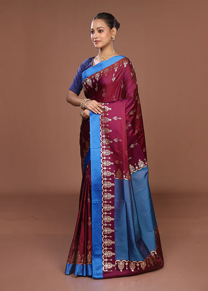 Maroon Banarasi Silk Saree With Blouse Piece - Image 4